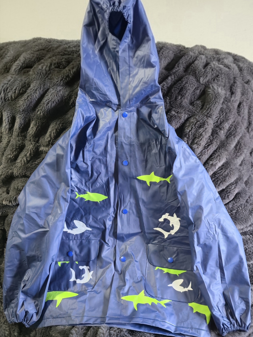 Kids Navy Blue Shark Print Raincoat Snap Closure Pockets
